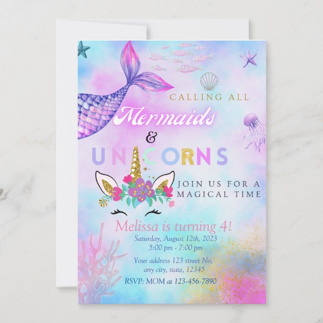 Mermaid & Unicorn Birthday Invitaion  Invitation (Front)