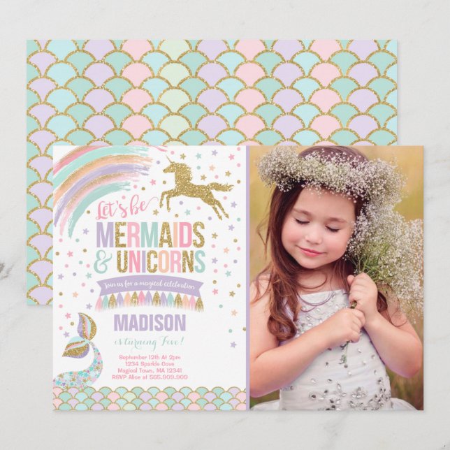 Mermaid & Unicorn Birthday Invitation Magic Party (Front/Back)