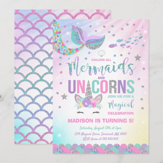 Mermaid & Unicorn Birthday Invitation Magic Party (Front/Back)