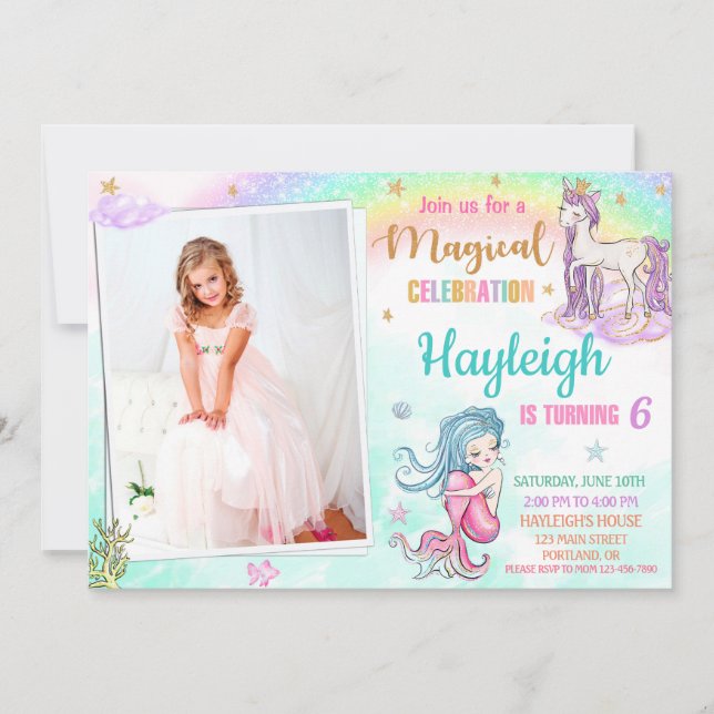 Mermaid Unicorn birthday invitation Magical party (Front)