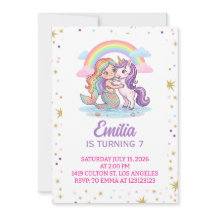 Mermaid Unicorn Birthday Invitation with Star