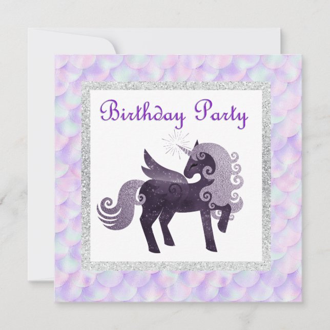 Mermaid unicorn  BIRTHDAY PARTY INVITATION PURPLE (Front)