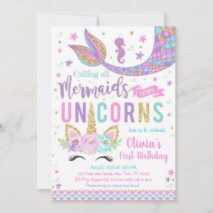 Mermaid Unicorn Girl Birthday Invitation