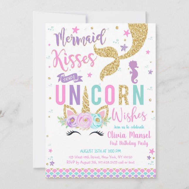 Mermaid Unicorn Girl Birthday Invitation (Front)