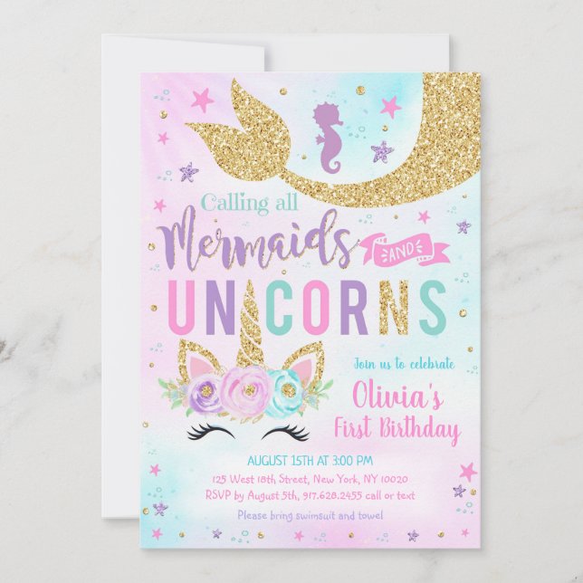 Mermaid Unicorn Girl Birthday Invitation (Front)