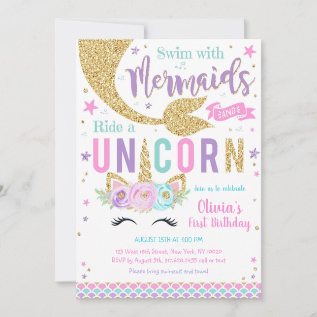 Mermaid Unicorn Girl Birthday Invitation (Front)