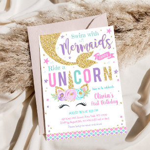 Mermaid Unicorn Girl Birthday Invitation