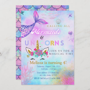 Mermaid & Unicorn Gold Glitter invite 4 girl/twins