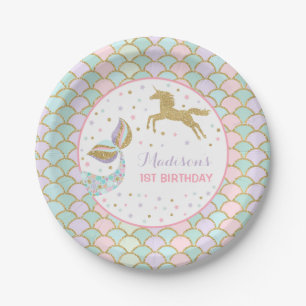Mermaid & Unicorn Gold Paper Plate 7" Paper Plates