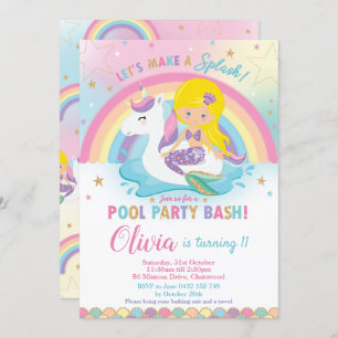 Mermaid Unicorn Pool Party Birthday Blonde Invitation