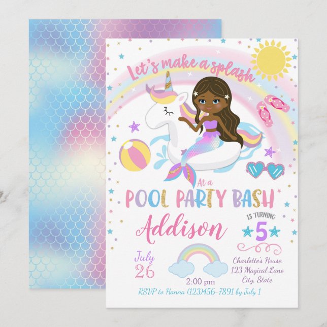 Mermaid Unicorn Pool Party Birthday Invitation (Front/Back)