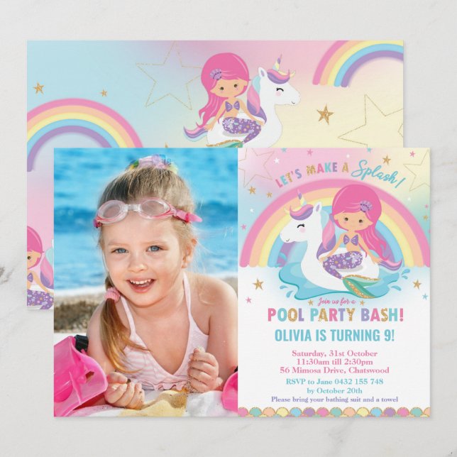 Mermaid Unicorn Pool Party Birthday Pink Photo Invitation (Front/Back)