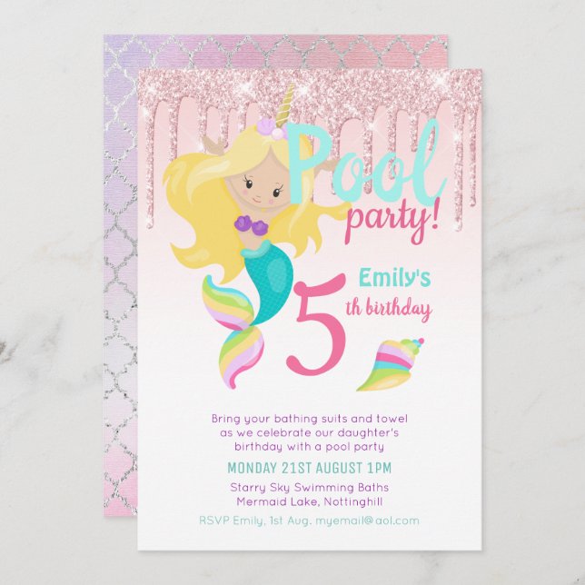 Mermaid Unicorn Pool Party Pink Blue Girl Invitation (Front/Back)