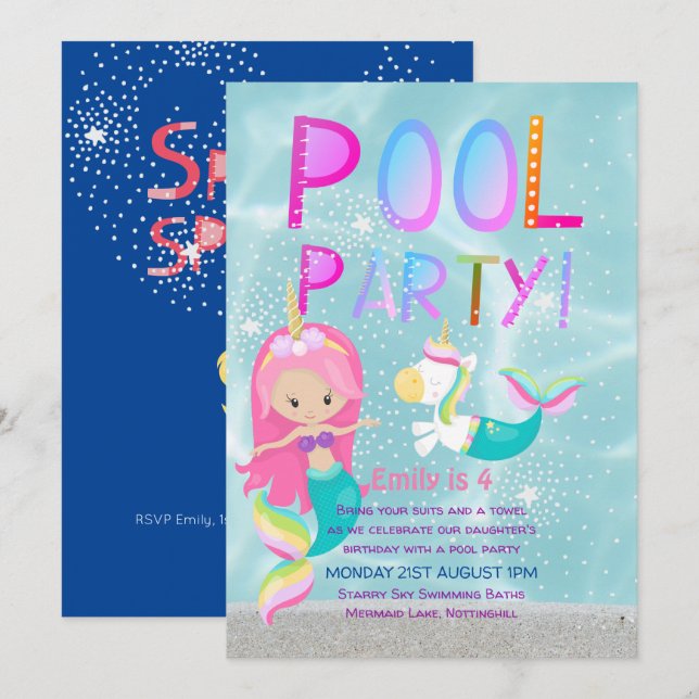 Mermaid Unicorn POOL Party Pink Glitter Girls Invitation (Front/Back)