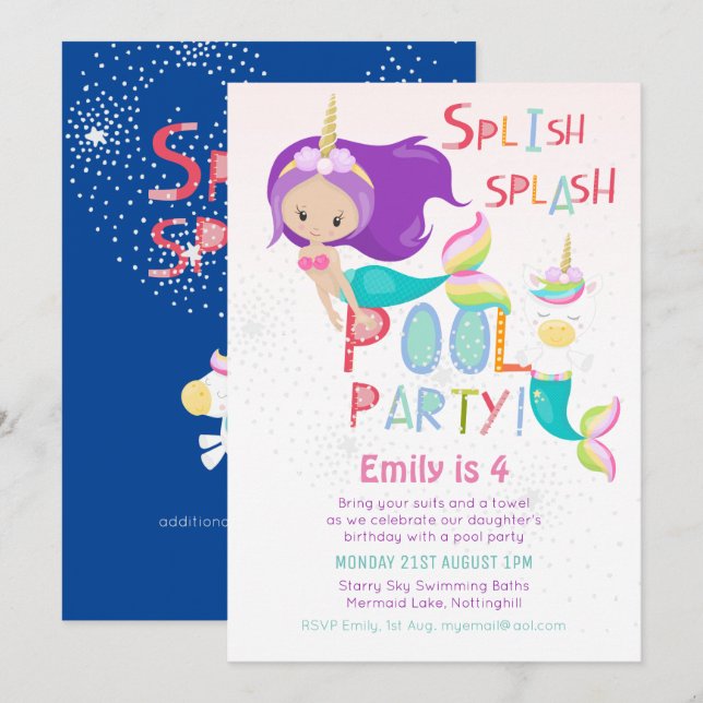 Mermaid Unicorn POOL Party Pink Glitter Girls Invitation (Front/Back)