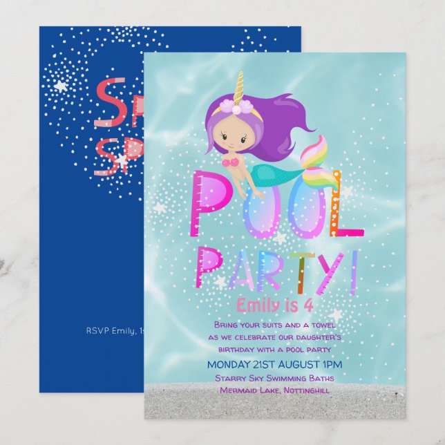 Mermaid Unicorn POOL Party Pink Glitter Girls Invitation (Front/Back)