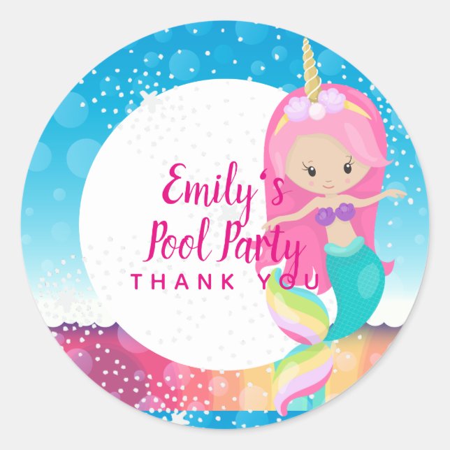 Mermaid Unicorn Pool Party Supplies Pink Blue Girl Classic Round Sticker (Front)