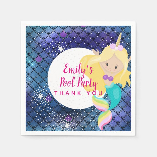 Mermaid Unicorn Pool Party Supplies Pink Blue Girl Napkin (Front)