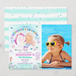 Mermaid & Unicorn Under the Sea Birthday Photo Invitation