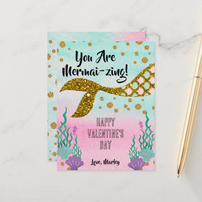 Mermaid Valentine's Classroom Card - postcard size (Front/Back In Situ)