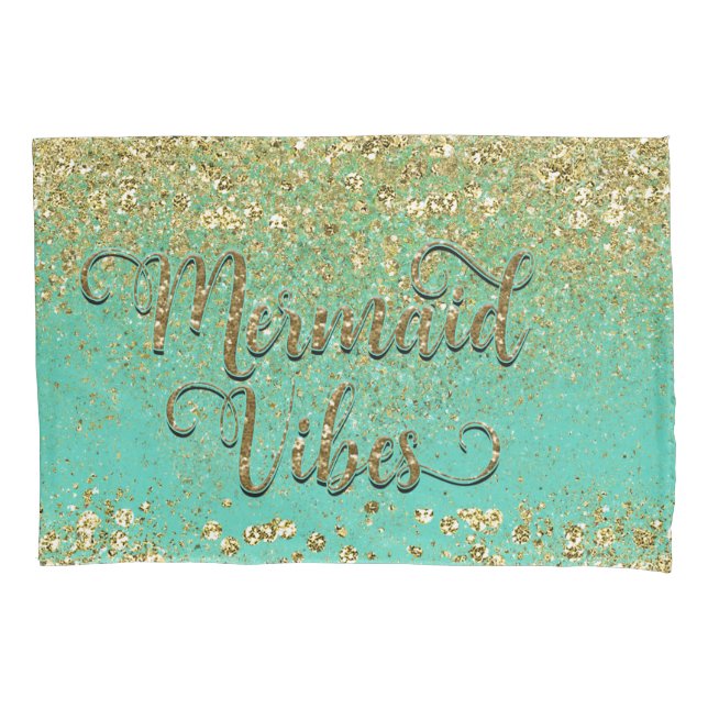 Mermaid Vibes Cascading Gold Glitter Teal Glam Pillowcase (Front)
