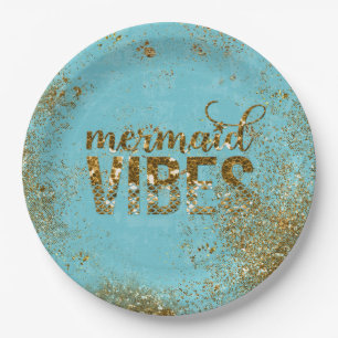 Mermaid Vibes- Gold Glitter Typography on Teal Paper Plate