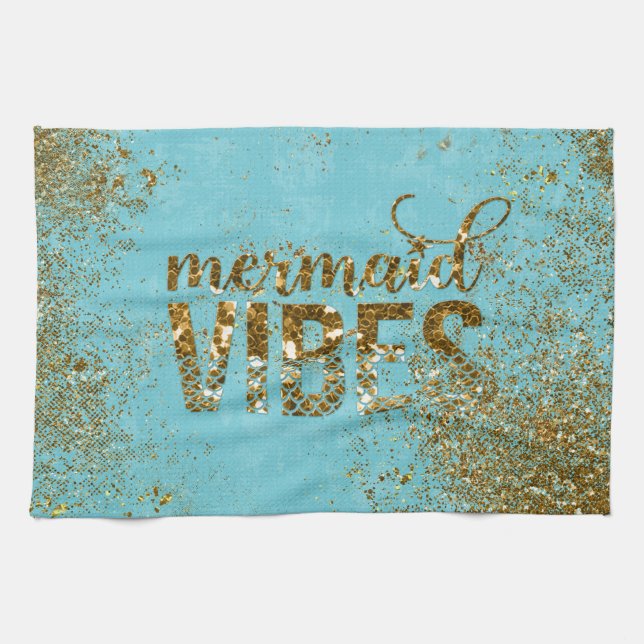 Mermaid Vibes- Gold Glitter Typography on Teal Tea Towel (Horizontal)