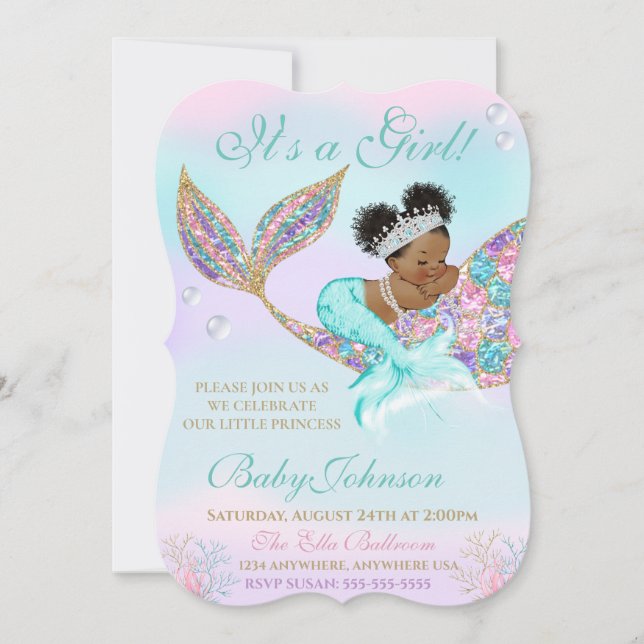Mermaid Vintage  Baby SHower Glitter Tail Invitation (Front)