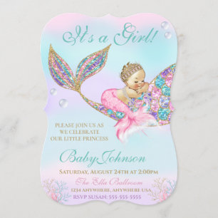 Mermaid Vintage  Baby SHower Glitter Tail Invitation