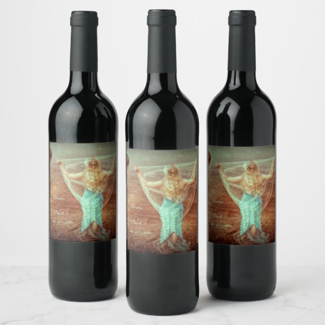 Mermaid Vintage Beach Teal Brown Wedding Wine Label (Bottles)