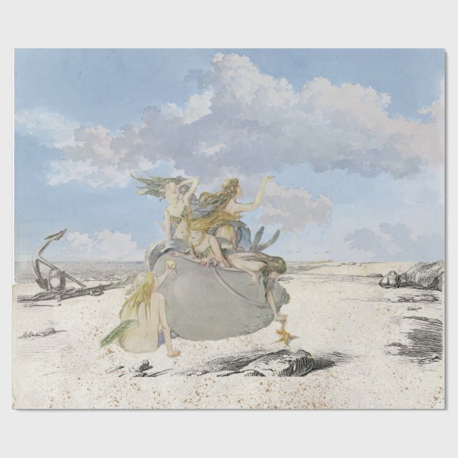 Mermaid Vintage Decoupage Beach Starfish Ocean  Wrapping Paper (Flat)