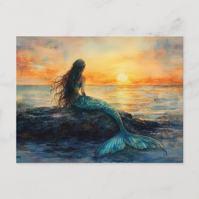 Mermaid Watching a Sunrise Art Postcard (Front)