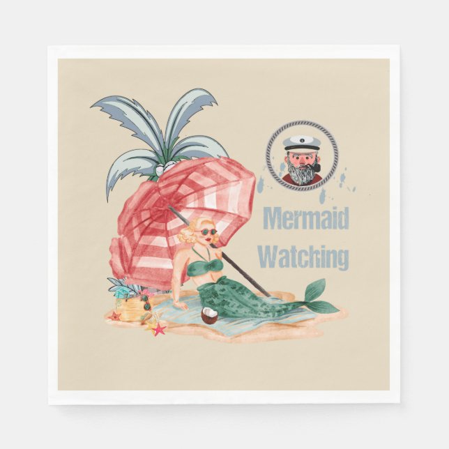 Mermaid Watching - Summer On The Beach Nautical Napkin (Front)
