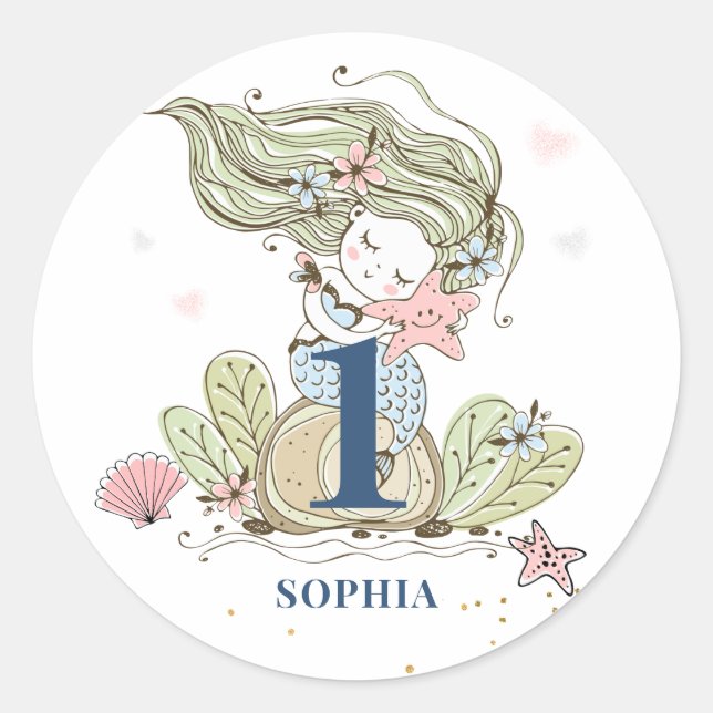 Mermaid Watercolor 1st Birthday Classic Round Stic Sticker (Front)