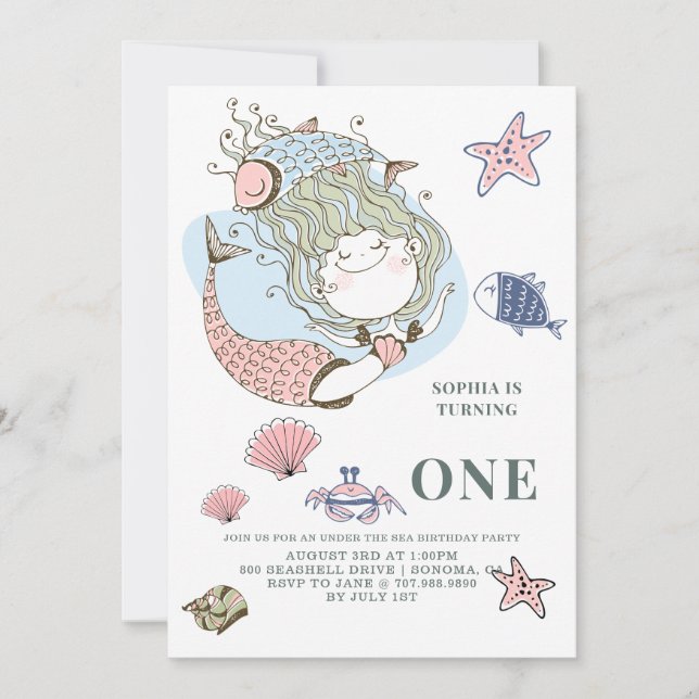 Mermaid Watercolor 1st Birthday Party Invitation (Front)