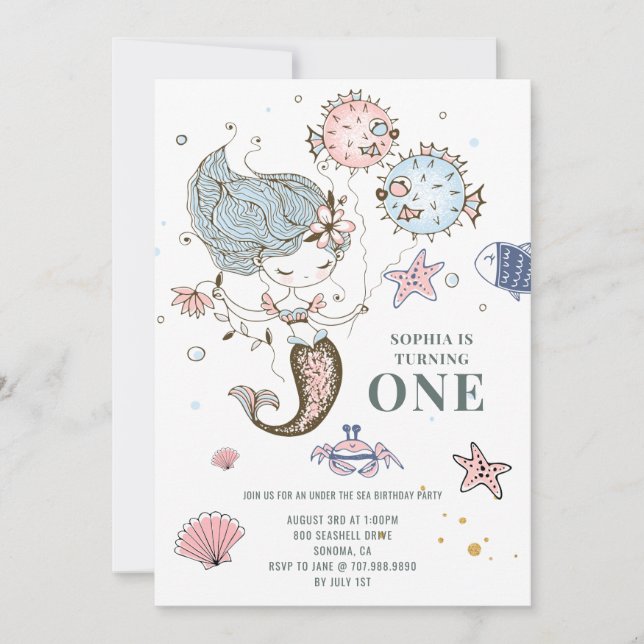 Mermaid Watercolor 1st Birthday Party Invitation (Front)