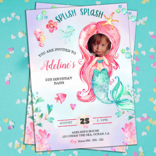 Mermaid Watercolor Add your Photo Birthday Cute Invitation