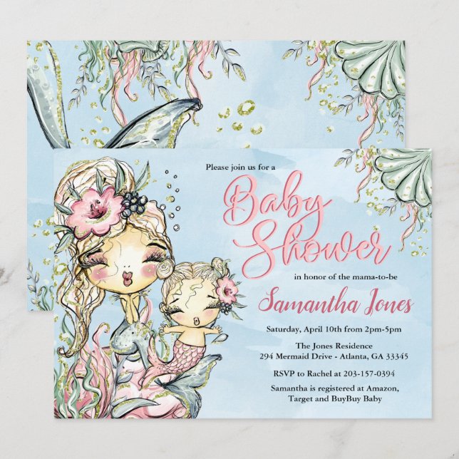 Mermaid Watercolor Baby Shower Invitation (Front/Back)