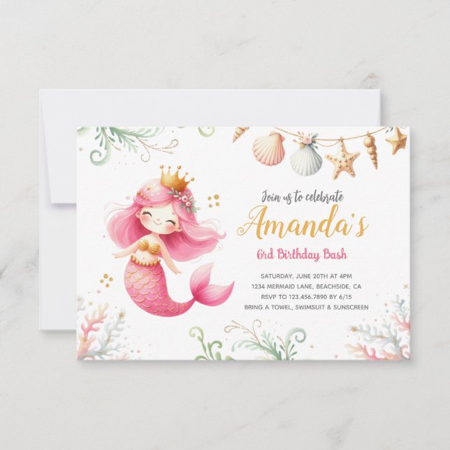 Mermaid watercolor Birthday Invitation (Front)