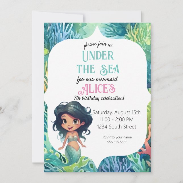 Mermaid watercolor Birthday Invitation Template (Front)