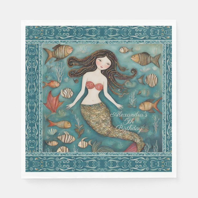 Mermaid Watercolor Birthday Napkin (Front)
