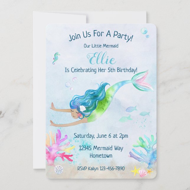 Mermaid Watercolor Birthday Party Invitation (Front)