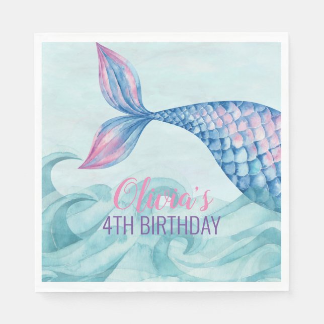 Mermaid watercolor birthday party napkin (Front)