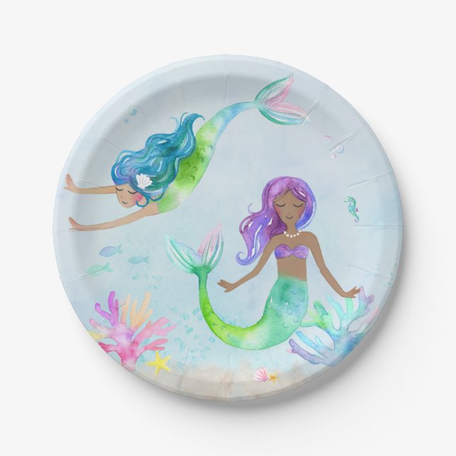 Mermaid Watercolor Birthday Party Paper Plate (Front)