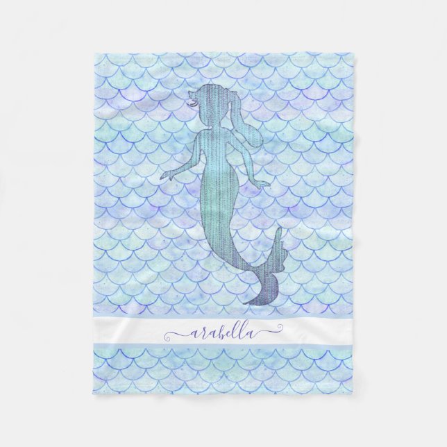 Mermaid Watercolor Blue Fish Scale Pattern Name Fleece Blanket (Front)