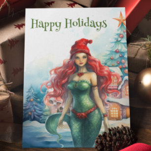 Mermaid Watercolor Christmas Holiday Card