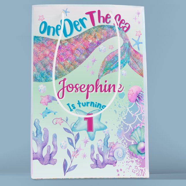 Mermaid watercolor first birthday medium gift bag (Creator Uploaded)