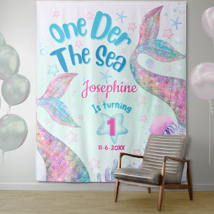Mermaid watercolor first birthday welcome large tapestry