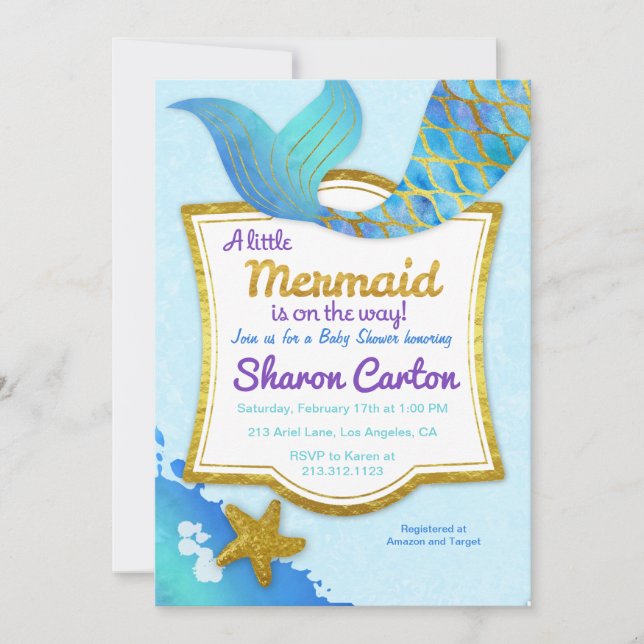 Mermaid Watercolor Gold Baby Shower Invitation (Front)