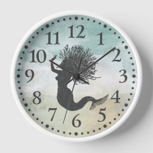 Mermaid Watercolor Ocean Coral Hair Clock